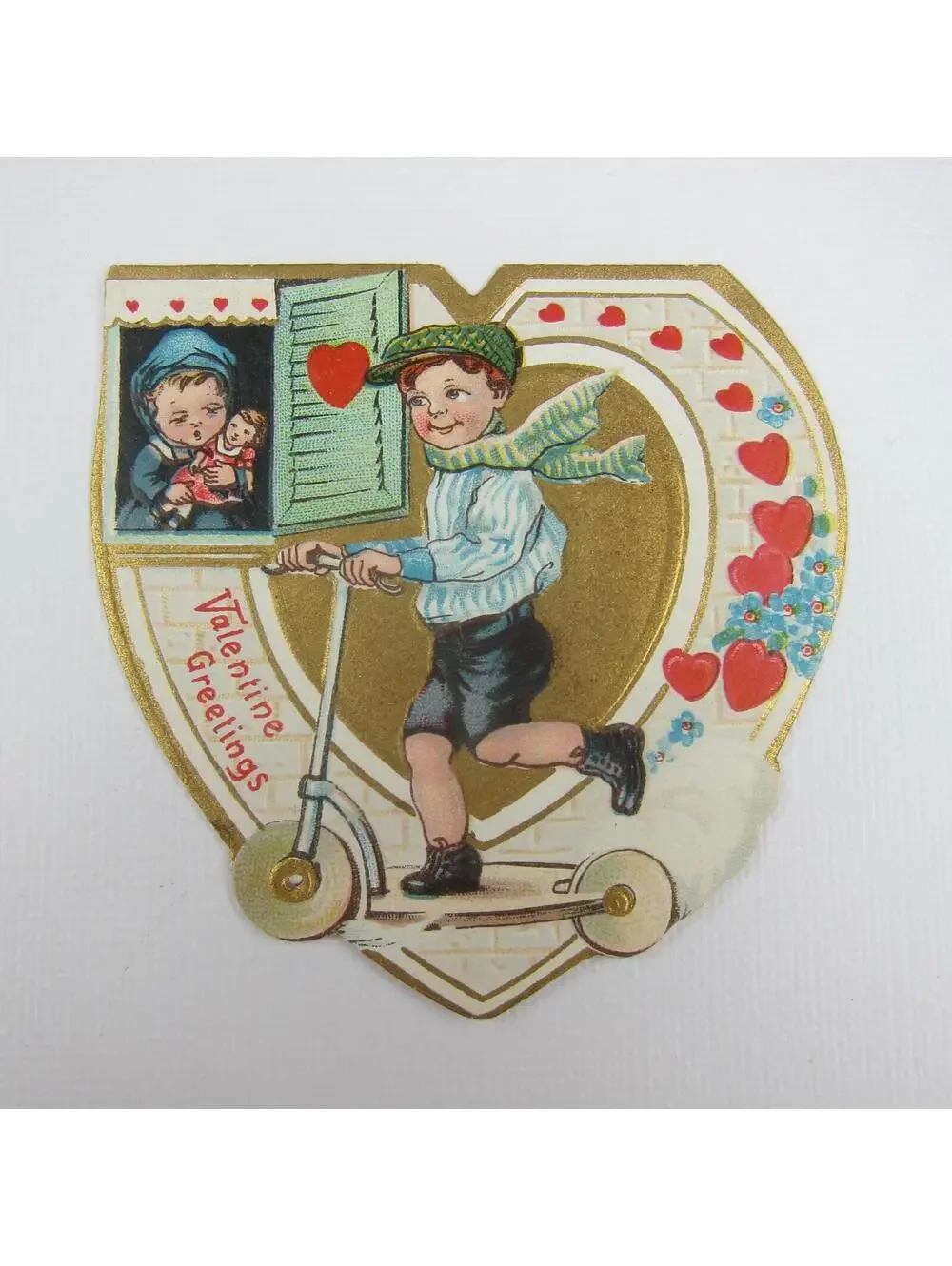 Vintage Valentine Card Die cut Boy Scooter Girl & Doll Window Red Gold UNSIGNED